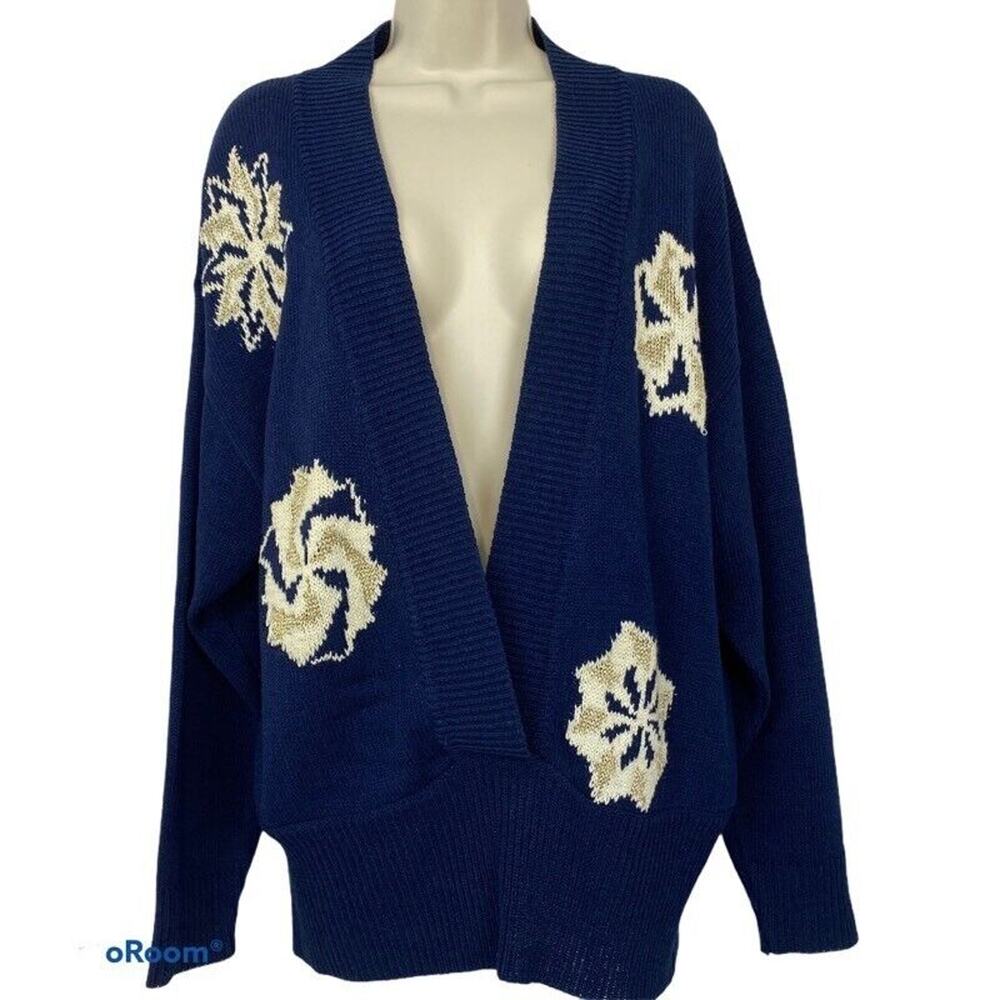 Vintage Dalton Studio Sweater Medium Womens Blue Floral Cardigan Cottagecore 70s